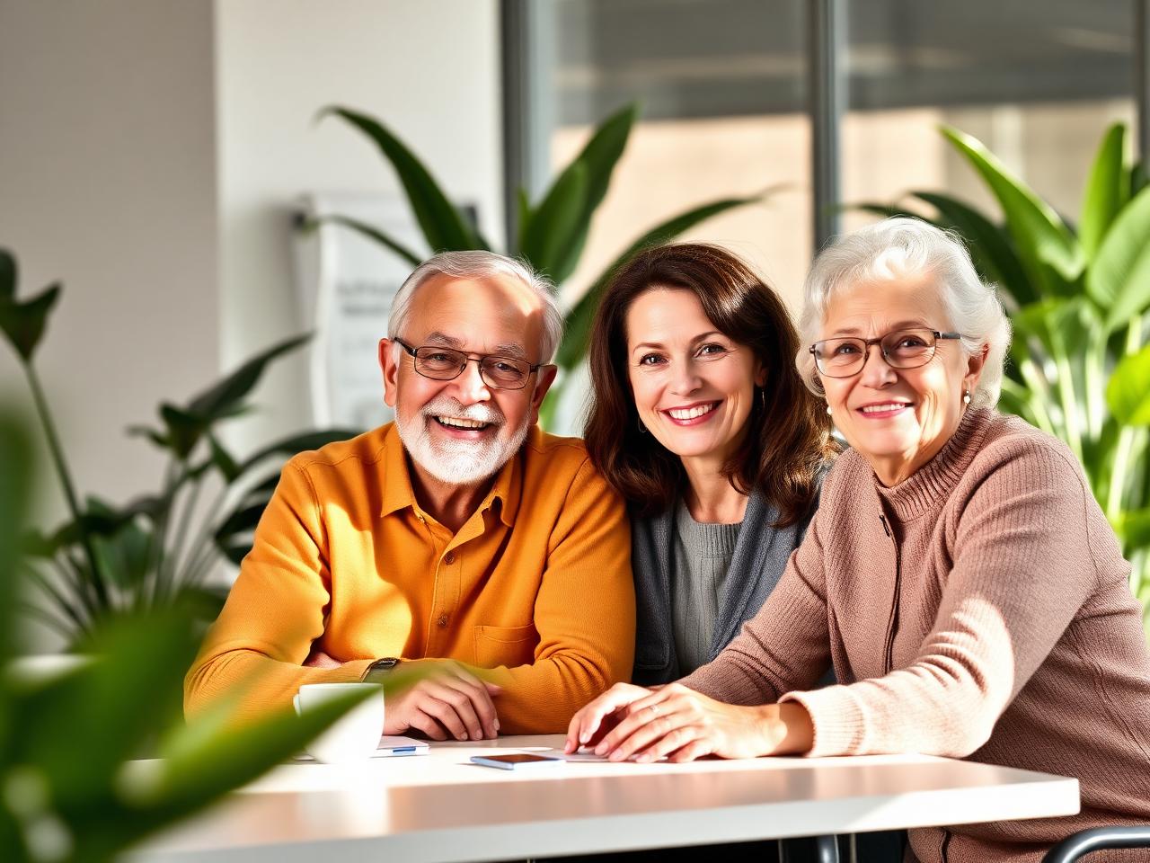 Consultora conversando com um casal sênior sobre cotação de plano de saúde